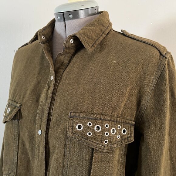 Zara Woman Sz S Denim Collection Cotton Canvas Olive Drab Grommet Detail Shirt - Picture 2 of 7